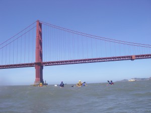 Sea kayakers approaching the Golden Gate Bridge